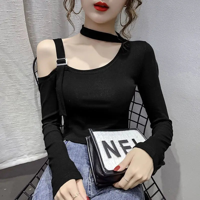 Chic Shoulder Bared Long Sleeve Base Shirt for Women Stylish Slim Fit Trendy Top Casual Loose Style Daily Wear Girl's Fashion