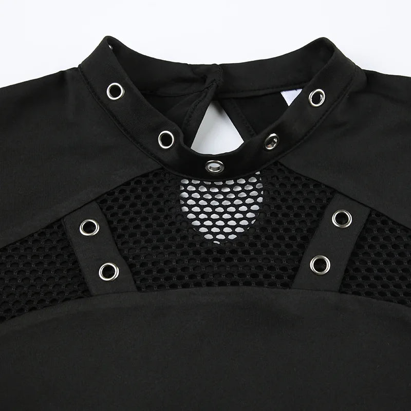 Goth Dark Techwear Cyber Gothic Fishnet Patches T-shirts Punk Grunge Hollow Out Skinny Crop Tops Black Eyelet Fashion Alt Clothe