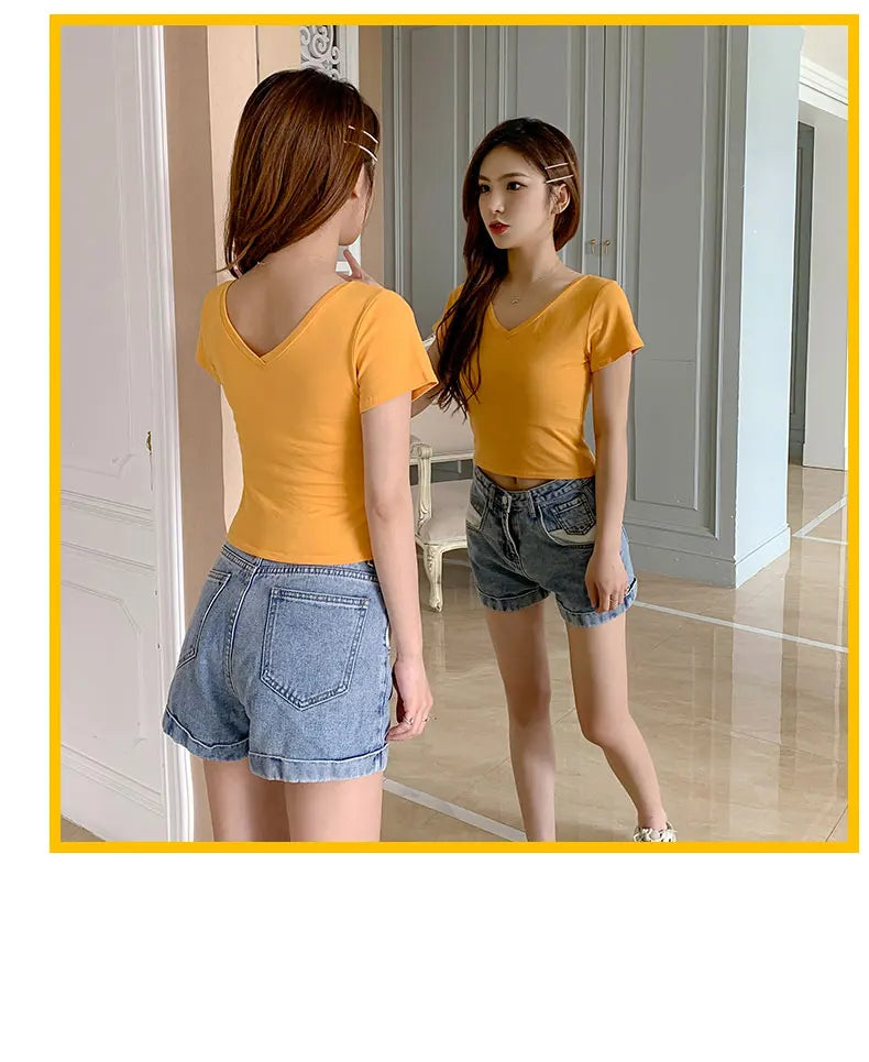Summer Fashion Solid V Neck T Shirts Women Short Sleeve Sexy Crop Tops Ladies Casual Tees Top Tees Female Black Cotton T-Shirts