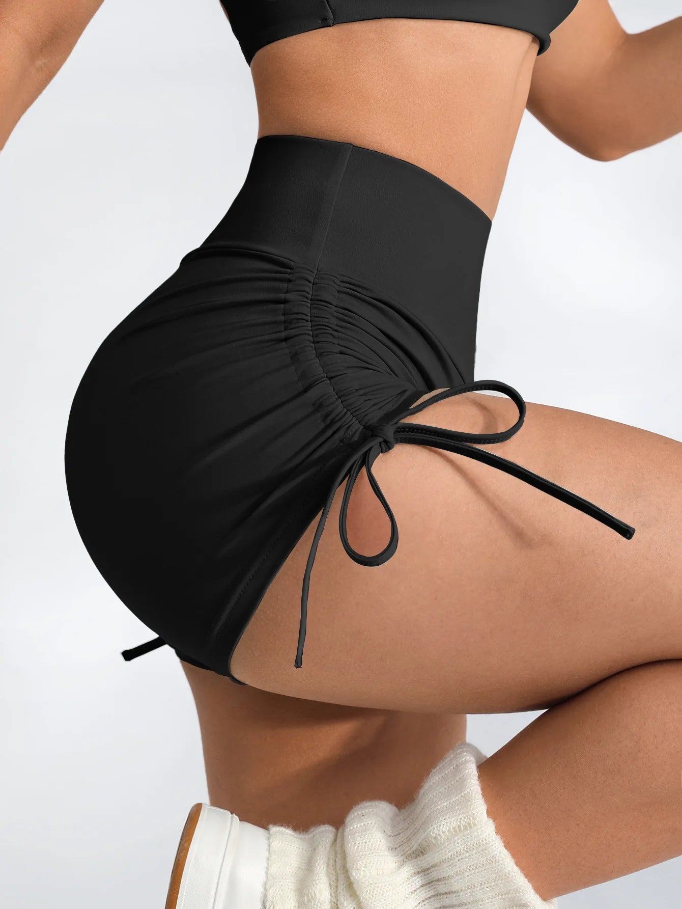 High-Waisted Ruched Yoga Shorts - Tie Detail Gym & Running