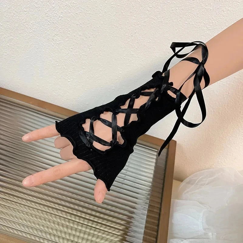 Women Thin Elastic Lace Mesh Bow Lolita Girl Cute Style Driving Glove Female Summer Sunscreen Anti-UV Wedding Dress Mitten