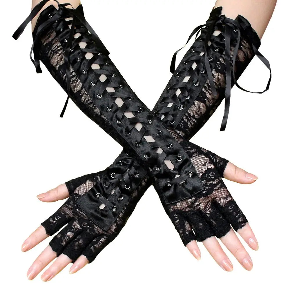1 Pair Night Club Party Cosplay Ritual Dance Long Lace Gloves Silk Ribbon Punk Gothic Mittens Halloween Gloves