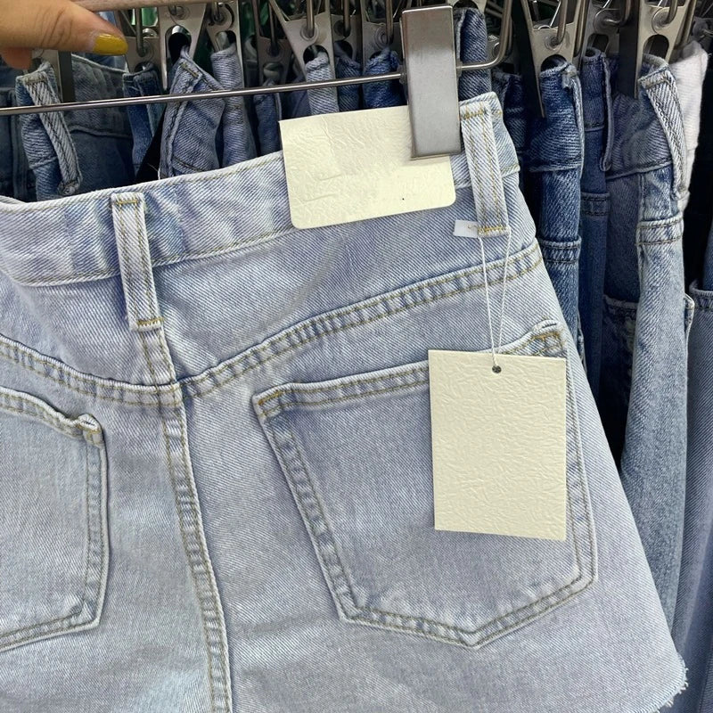 High Waisted Ripped Denim Shorts Button Fly Raw Edge Summer