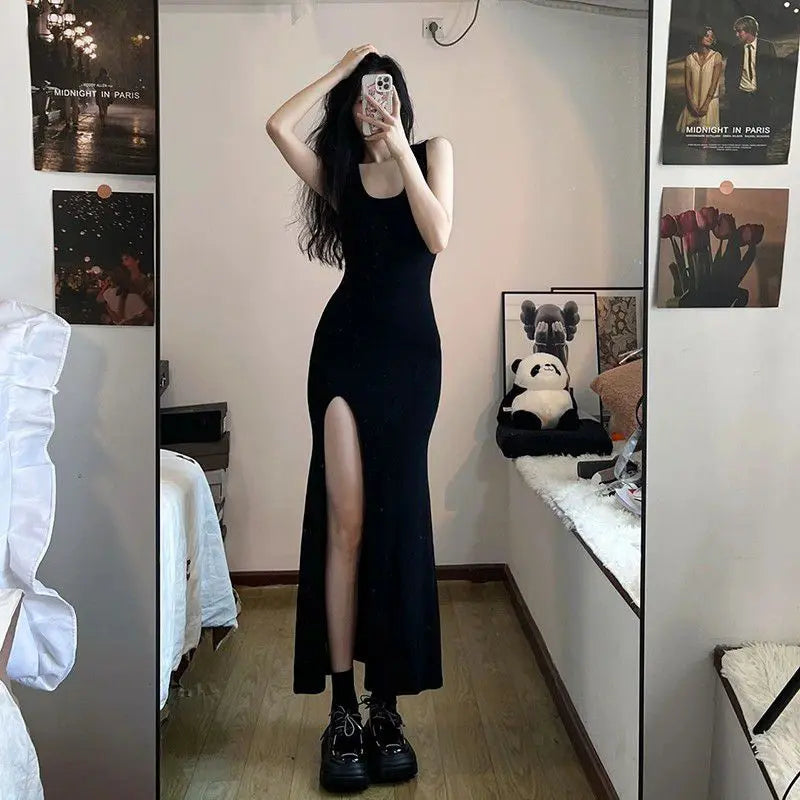 Queen Style Black Split Maxi Dress - Slim Fit Strappy