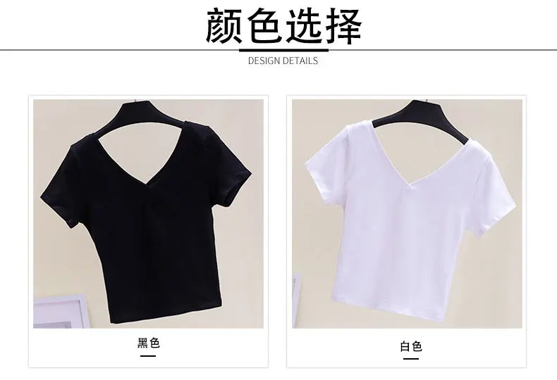 Summer Fashion Solid V Neck T Shirts Women Short Sleeve Sexy Crop Tops Ladies Casual Tees Top Tees Female Black Cotton T-Shirts