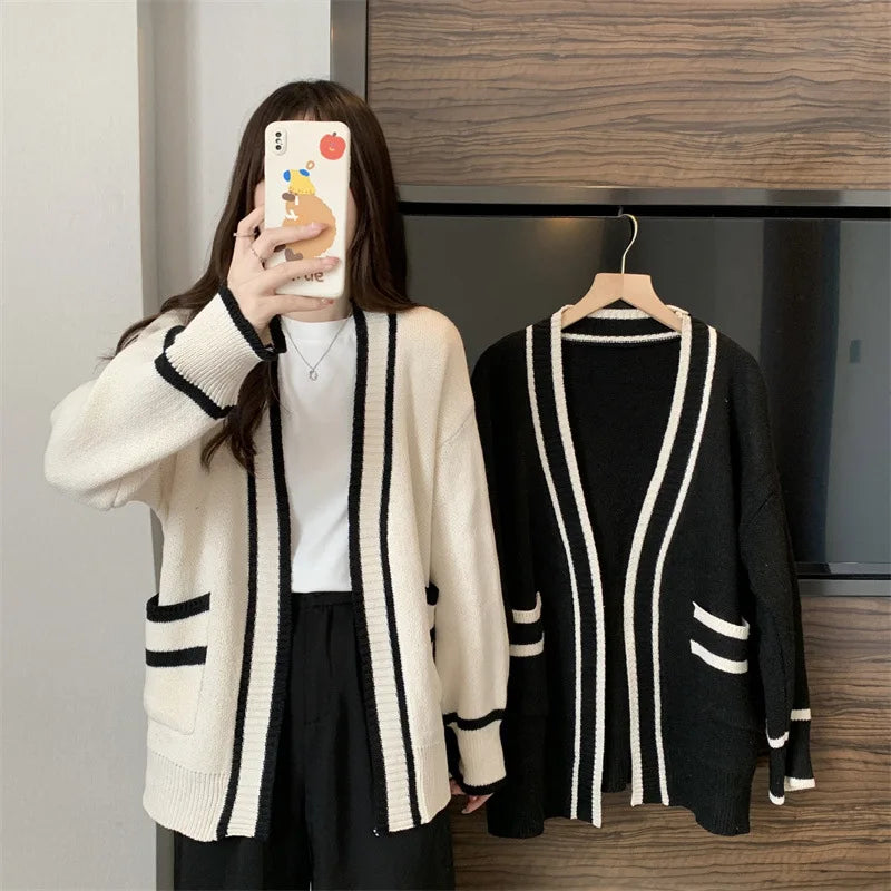 New Korean Women Cardigan Jackets Patchwork Clothing V Neck All Match Sueter Mujer Casual Fashion Knitted Oversized Sweater Tops