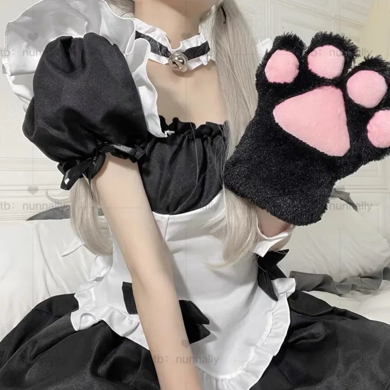 Cute Plush Cat Claw Gloves Large Size Women Halloween Christmas Party Cosplay Girls Winter Plush Fluffy Warm Full Finger Mitten