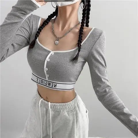 New Style Women's Tight Long-sleeved T-shirt Colour blocking Ultra-short Bottom High Waist Neckline Innerwear Athletic Tops