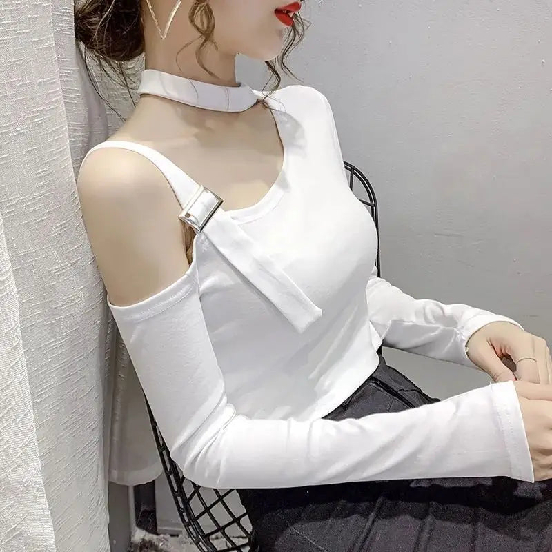 Chic Shoulder Bared Long Sleeve Base Shirt for Women Stylish Slim Fit Trendy Top Casual Loose Style Daily Wear Girl's Fashion