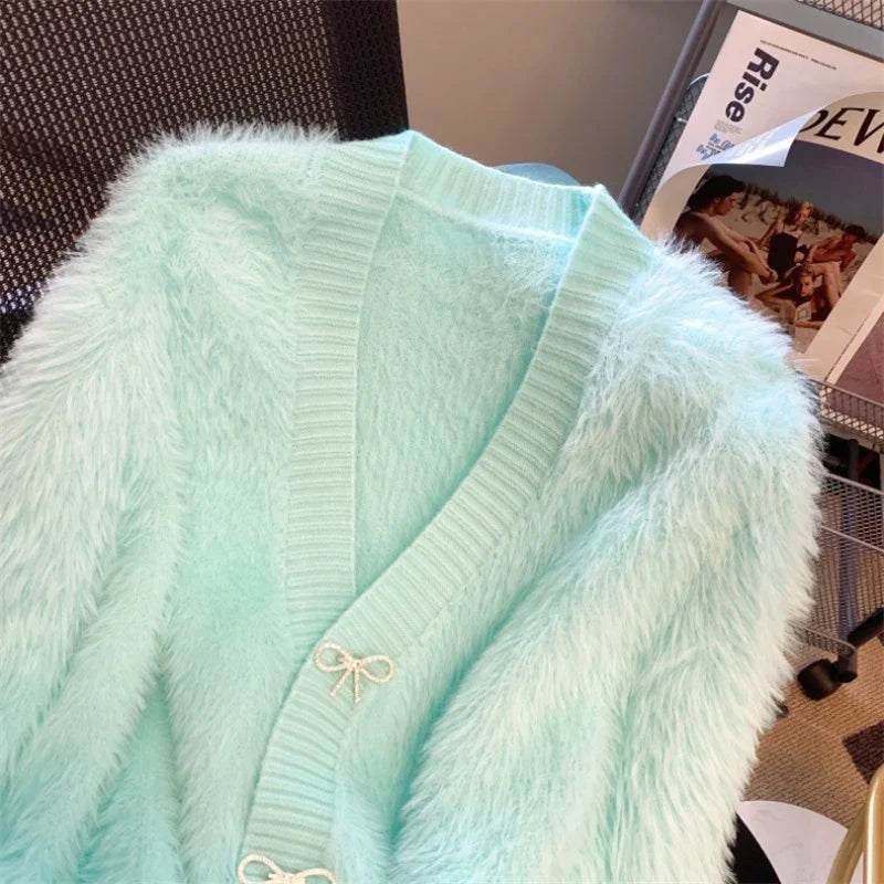 2026 Spring Autumn Women's Sweater Cardigan Jacket New Loose V-neck Imitation Mink Fur Sweater Jacket Female Knitted Tops Coat