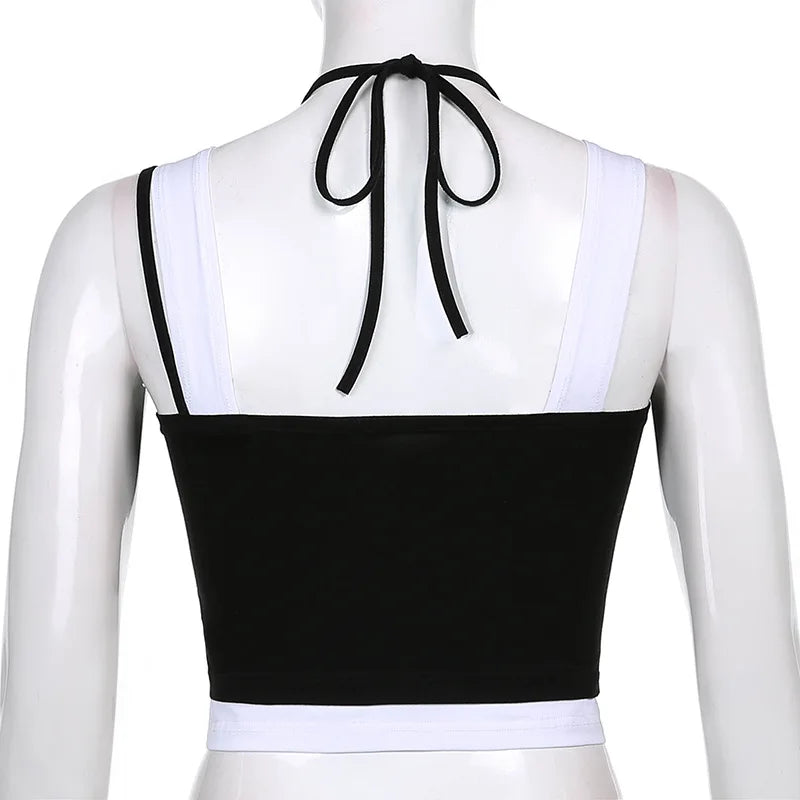 Women Hollow Out Black Y2K Tees Sleeveless Skinny Tops Cool Punk T-shirts Techwear 2024 Spring Summer New Sexy Crop Top