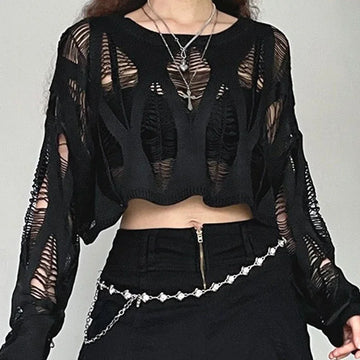 Y2K Batwing Sleeve Hollow Out Knit Top | Streetwear Tee