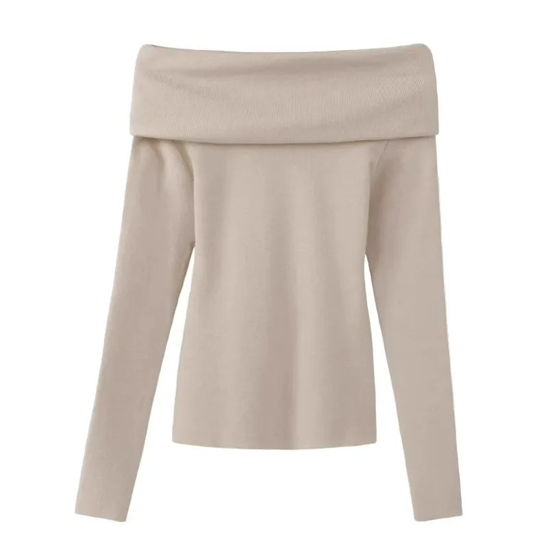 Black Shoulder-Bared Long Sleeve Knitted Sweater Women's Autumn New Style Slim Fit Inner Wear Base Top Korean Style Commute F...