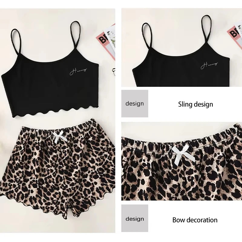 Women's Pajamas Set Sexy Lingerie Leopard Print Sling Sleepwear V-Neck Sleeveless Top and Shorts Sets Pyjamas Homewear