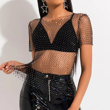 Women's Rhinestone Mesh Fishnet Long Sleeve Top | Party & Club