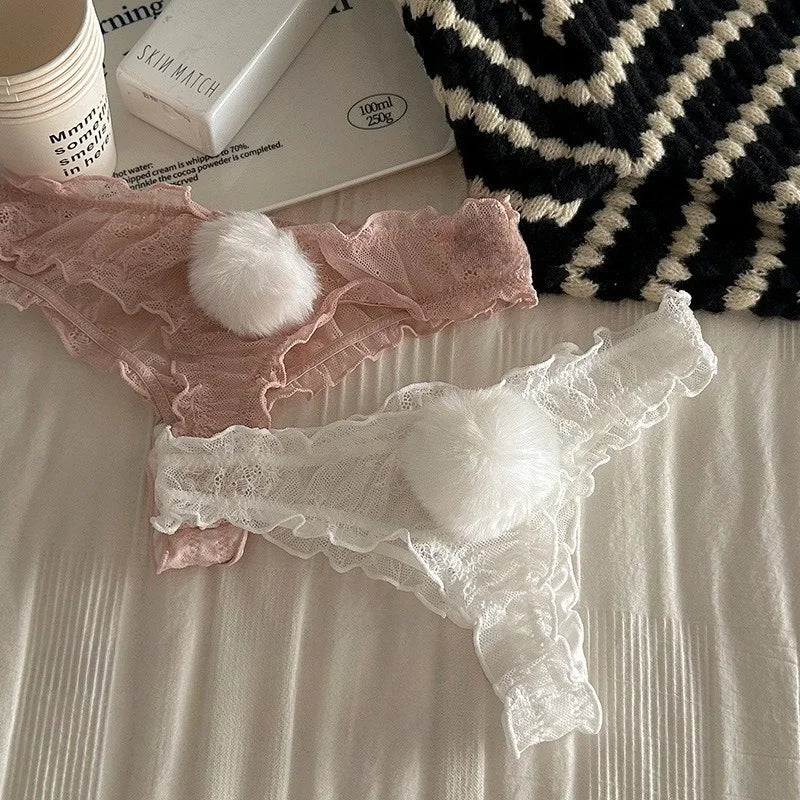 Lace Mesh Rabbit Tail Thongs | Sexy Low-Rise Lingerie