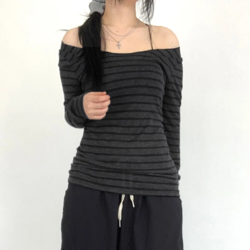 Harajuku Basic Slim Long Sleeve Stripe Tee Off Shoulder O Neck Korean Street Style Spring Autumn Y2K Women's Gray T Shirt