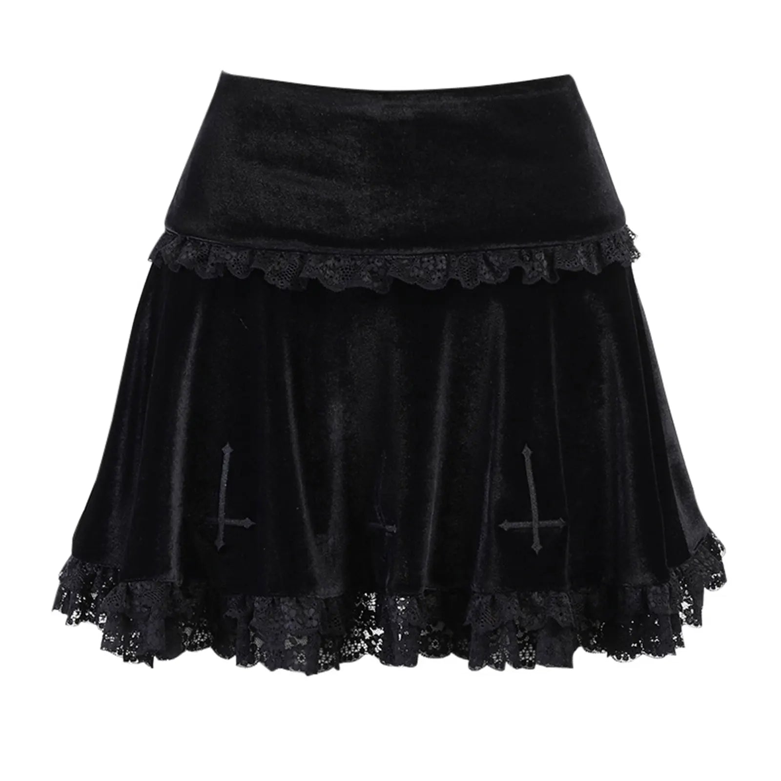 2024  Punk Cross Pattern Mini Skirt Y2K Grunge Gothic Black Lace High Waist Pleated A-line Skirt Vintage Women E-girl Clothes