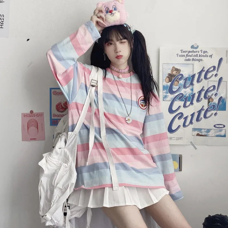 Loose Long Sleeve Striped T-Shirt Women's Base Shirt Student Style Korean Version Autumn New Arrival Female Top round Neck