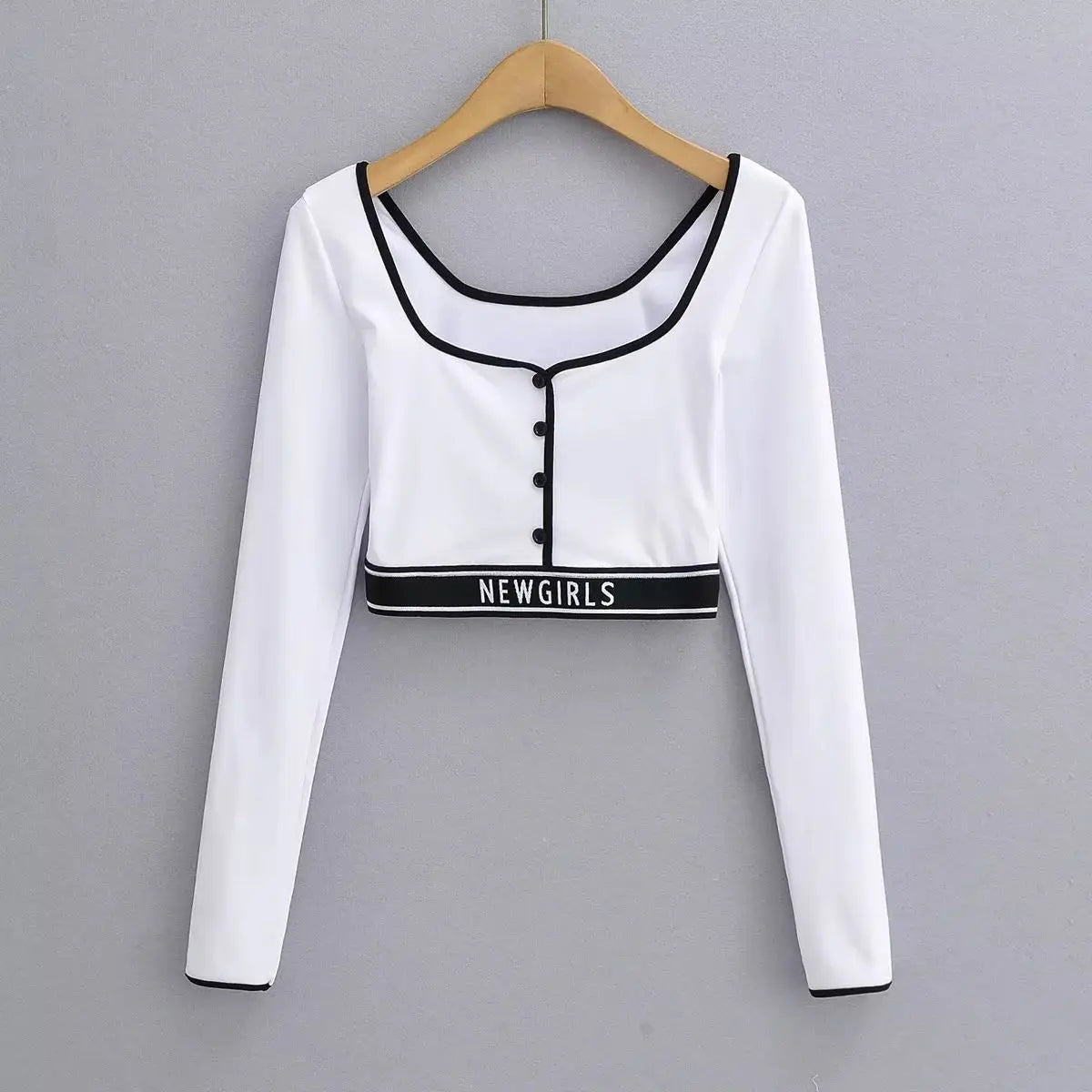New Style Women's Tight Long-sleeved T-shirt Colour blocking Ultra-short Bottom High Waist Neckline Innerwear Athletic Tops