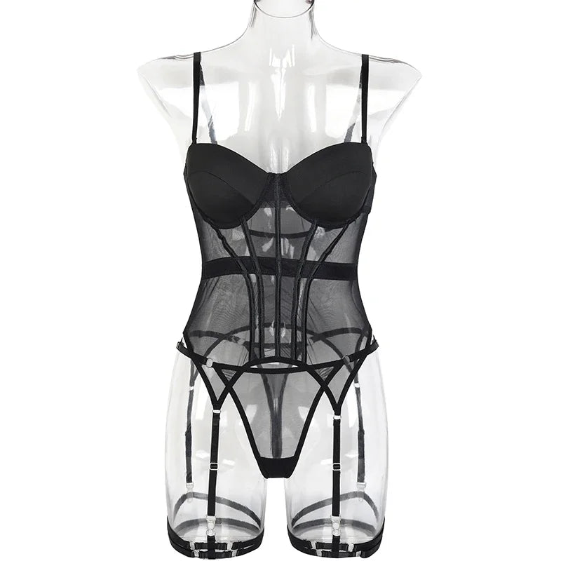 Alluring Backless Tatting Lingerie Set | 3-Piece Garter Design