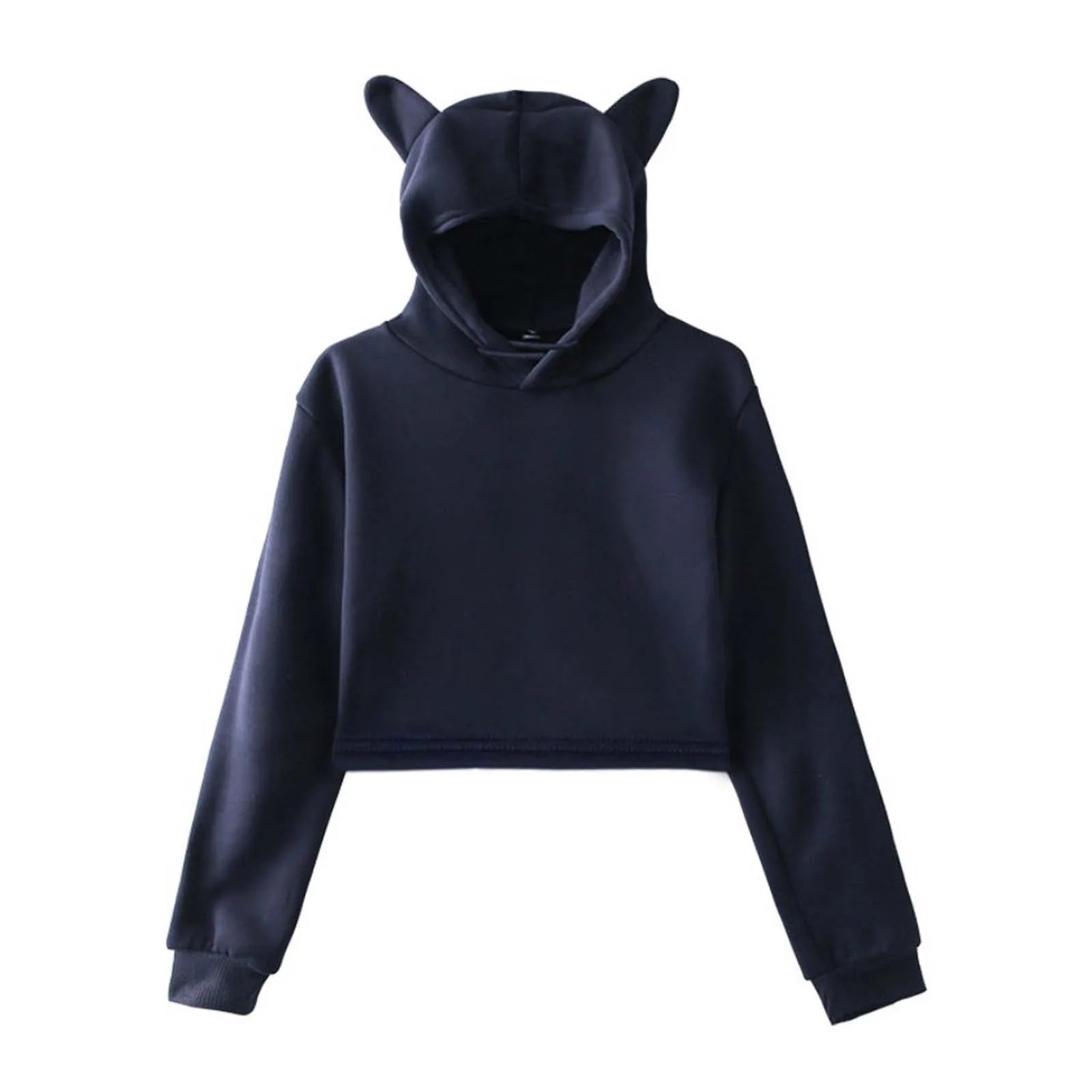 Women Sexy Short Hoodies Long Sleeve Fashionable Solid Color Cat Ear Cute Hooded Sweatshirt Autumn Spring Casual Crop Top Coat
