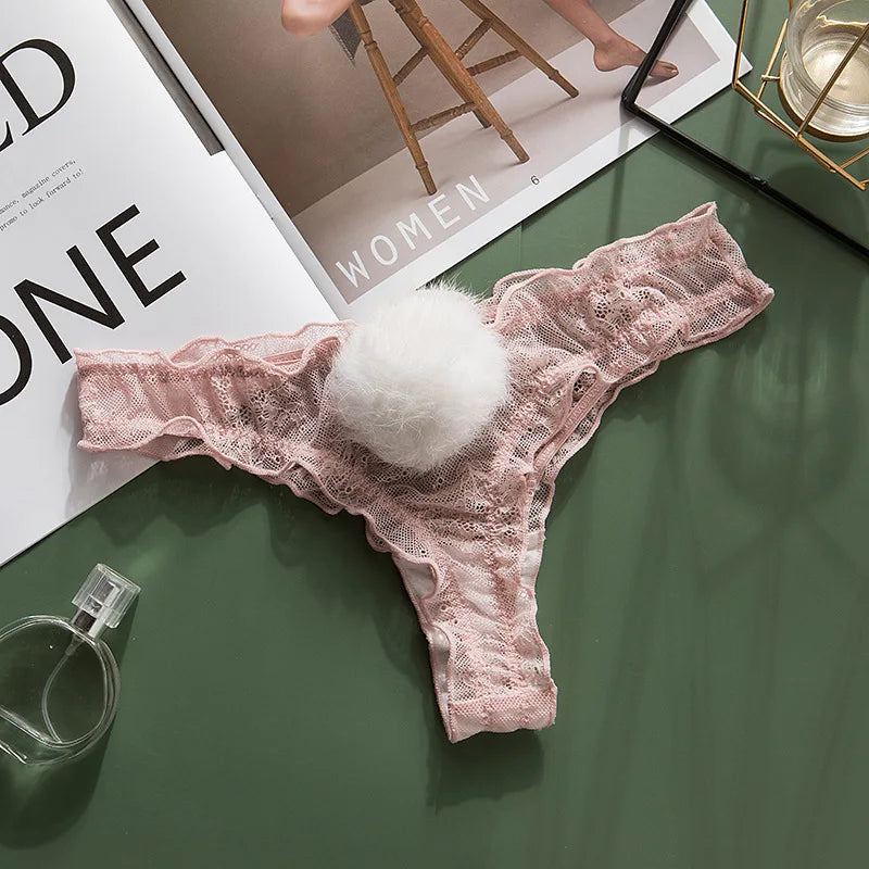Lace Mesh Rabbit Tail Thongs | Sexy Low-Rise Lingerie