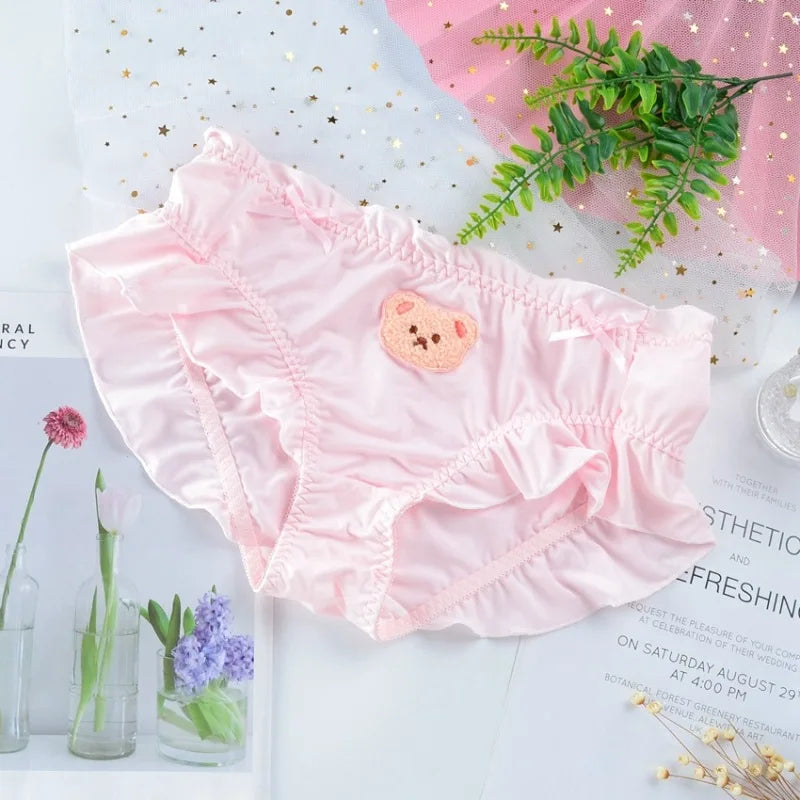 Cute Lovely Sweety Women Japanese Style Princess Lolita Bow Cartoon Bear Embroidery Milk Silk Panties  Underwear