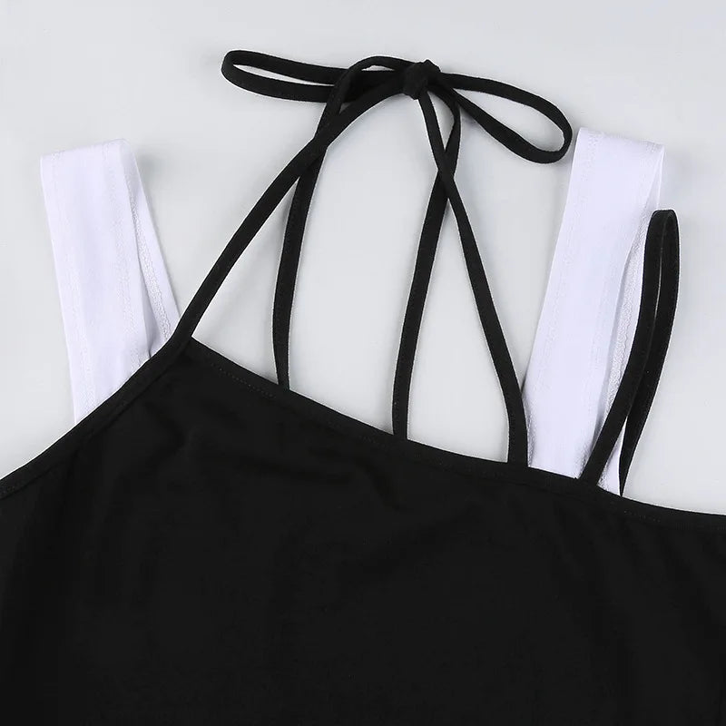 Women Hollow Out Black Y2K Tees Sleeveless Skinny Tops Cool Punk T-shirts Techwear 2024 Spring Summer New Sexy Crop Top