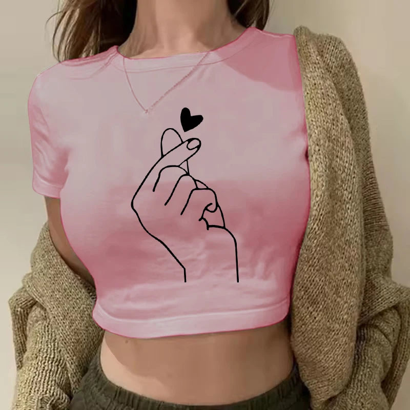 Women Funny Hand Heart Print Cropped T Shirt 2000s Girls Summer O Neck Tshirt 90s Harajuku Graphic Crop Tops Female Clothes