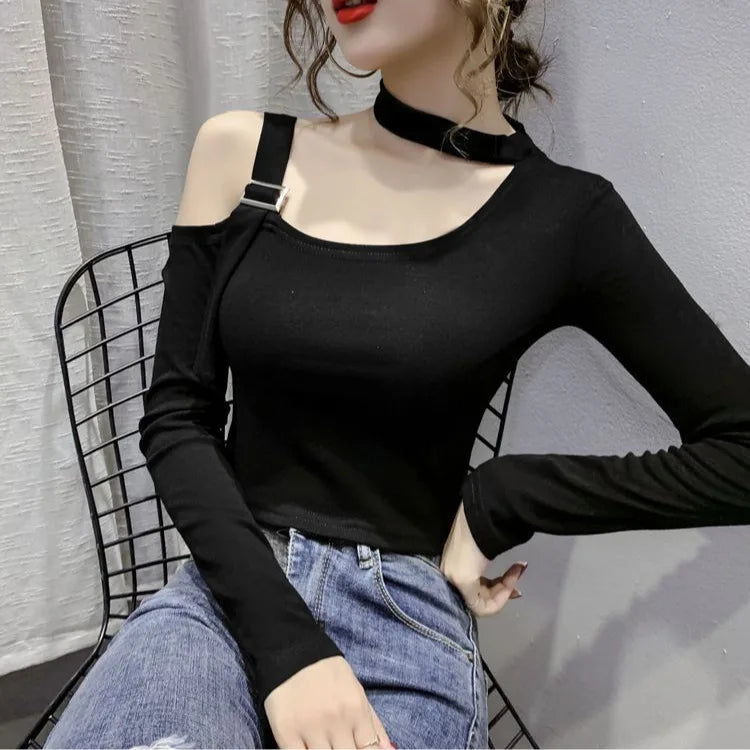 Chic Shoulder Bared Long Sleeve Base Shirt for Women Stylish Slim Fit Trendy Top Casual Loose Style Daily Wear Girl's Fashion