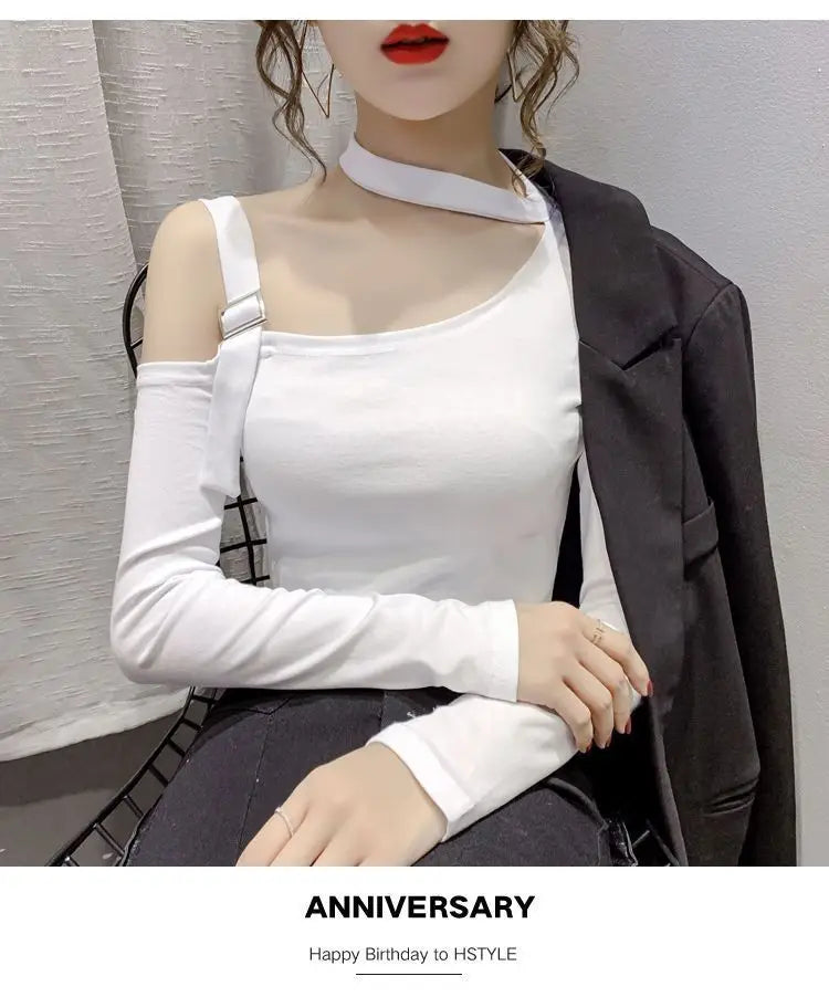 Chic Shoulder Bared Long Sleeve Base Shirt for Women Stylish Slim Fit Trendy Top Casual Loose Style Daily Wear Girl's Fashion