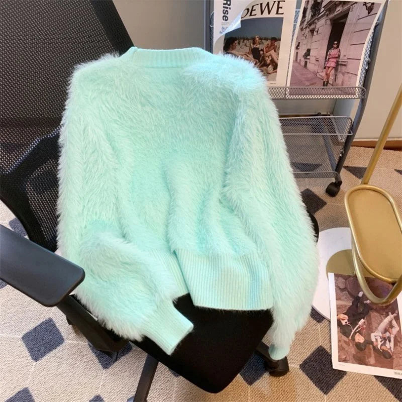 2026 Spring Autumn Women's Sweater Cardigan Jacket New Loose V-neck Imitation Mink Fur Sweater Jacket Female Knitted Tops Coat