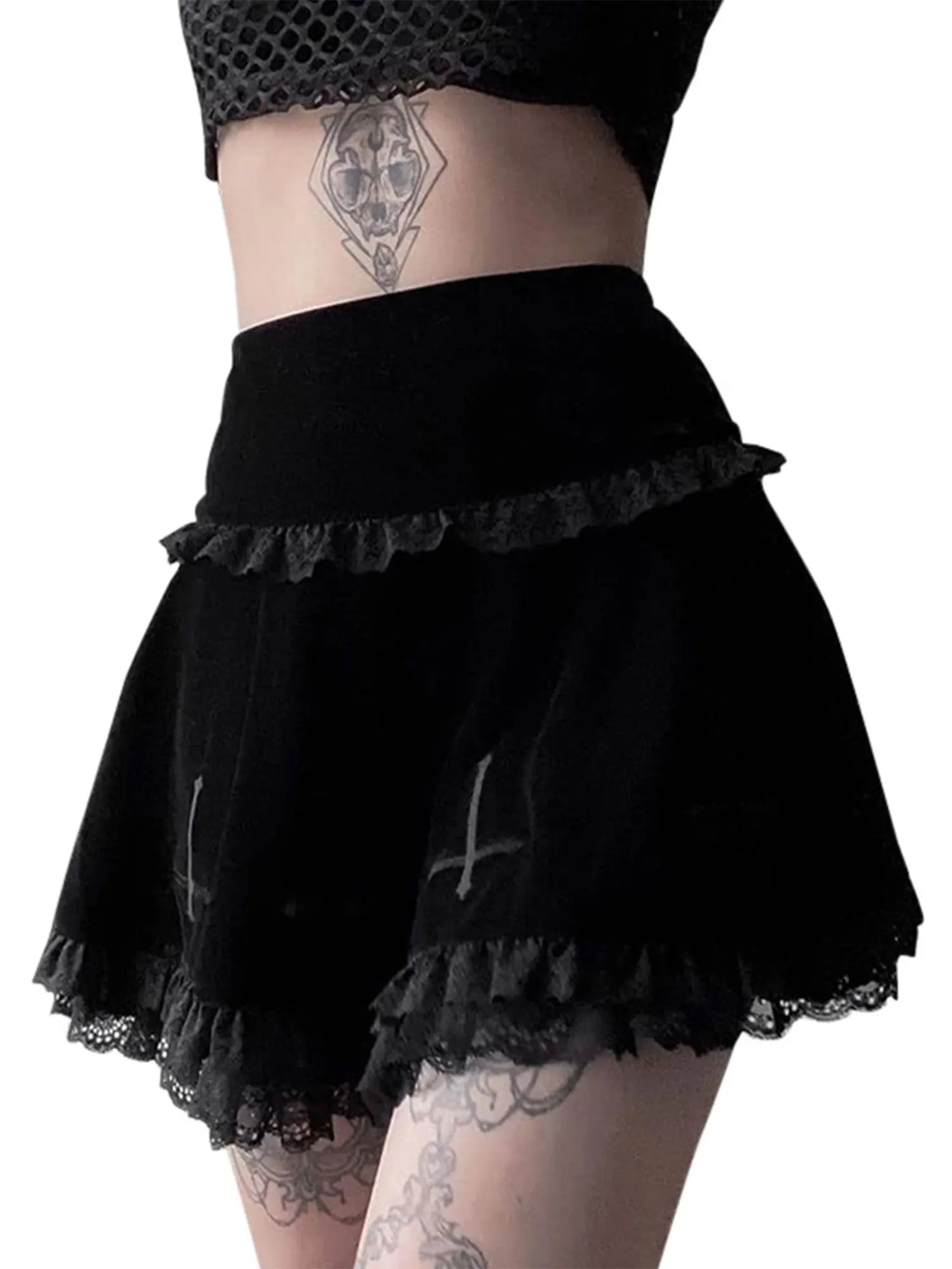 2024  Punk Cross Pattern Mini Skirt Y2K Grunge Gothic Black Lace High Waist Pleated A-line Skirt Vintage Women E-girl Clothes