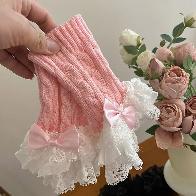 Lolita Lace Fall Winter Warm Sleeves Knitted Cute Fairy Bow Teenage Hand Sleeves Mittens Women