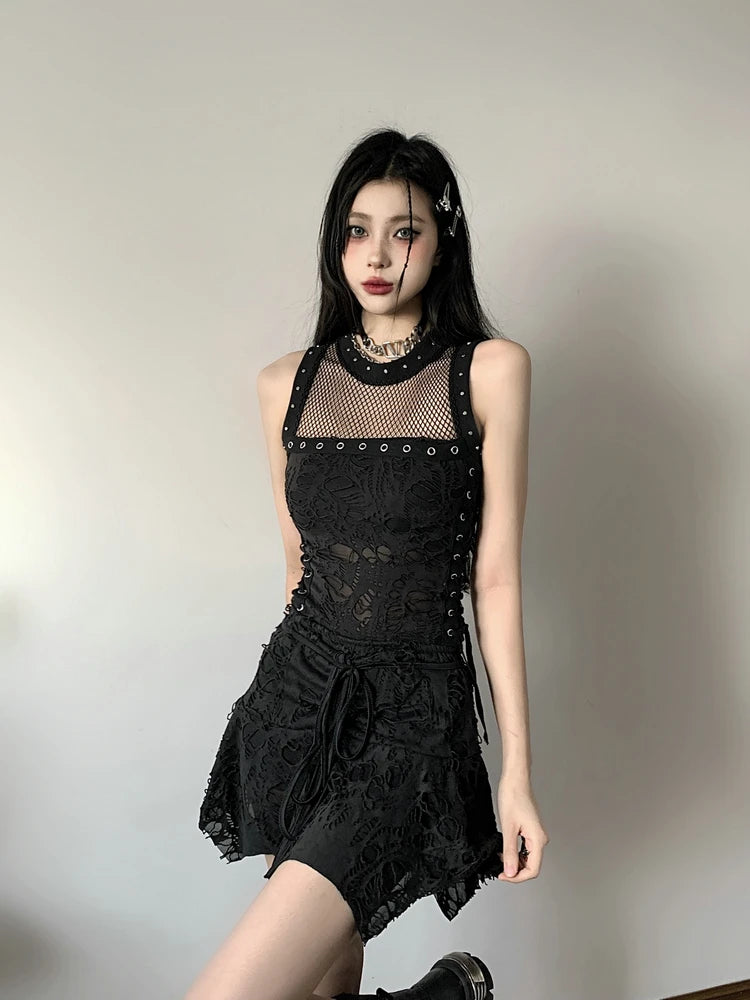 Gothic Y2k 2 Piece Set Hollow Out Lace Spliced Tank Crop Top Women Lace-up Waisted Irregular Mini Skirt 2025 Aesthetic Harajuku