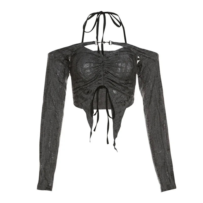 2025 Summer Sexy Drawstring Women T-shirts 2 Piece Set Y2k Distress Camisole Long Sleeve Buckle Tee Tops Hot Girls Clothes