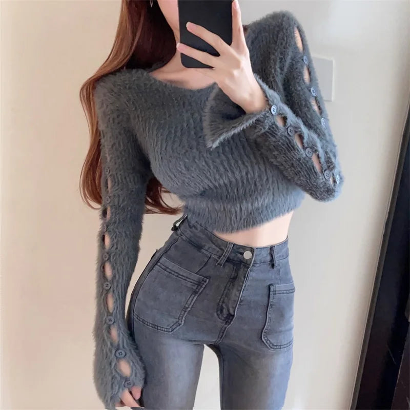 Sexy ort Knitted Sweater Women's Spring Autumn Soft Cozy Design Hole Knitwear Pure Desire Versatile Base Layer ort Top
