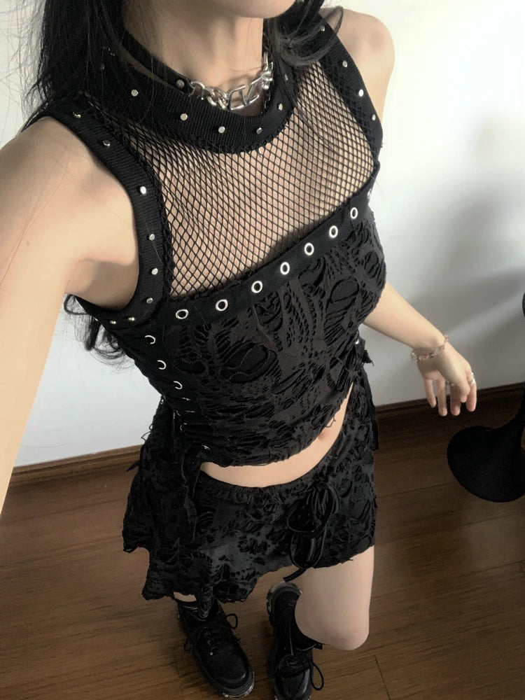 Gothic Y2k 2 Piece Set Hollow Out Lace Spliced Tank Crop Top Women Lace-up Waisted Irregular Mini Skirt 2025 Aesthetic Harajuku