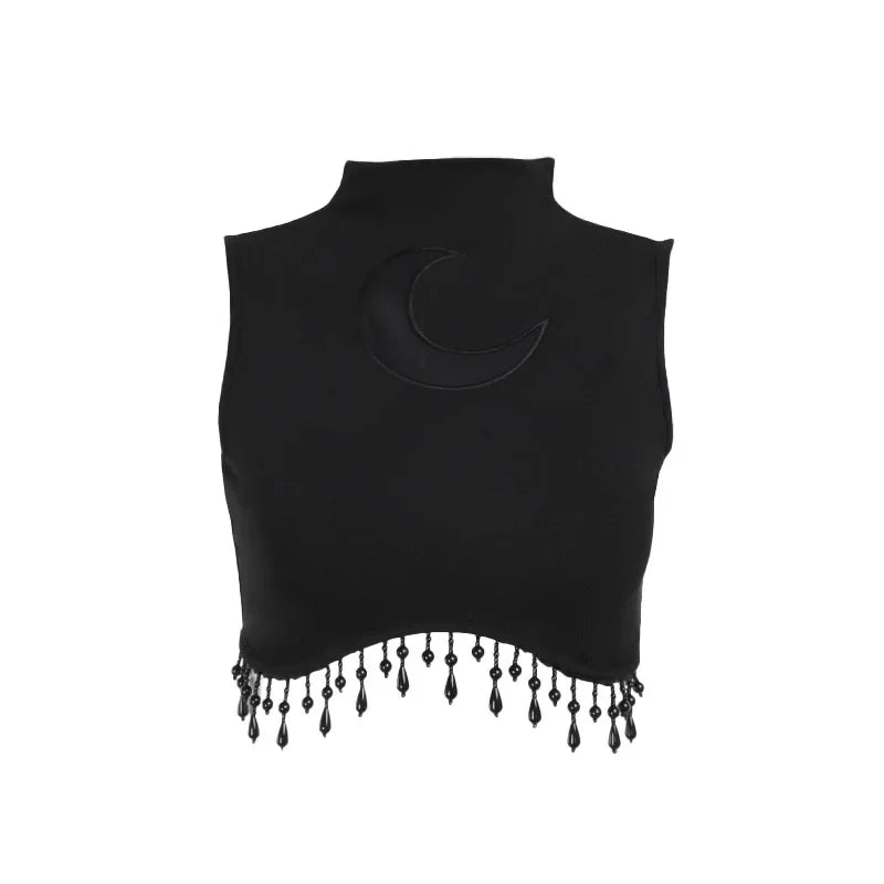 Goth Dark Cyber Y2K Skinny Turtleneck Tank Top Sexy Moon Chain Tassel Sleeveless Crop Tops Gothic Women Punk Streetwear Alt Vest