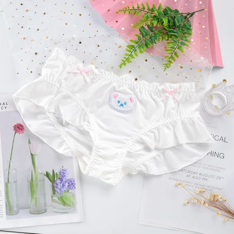 Cute Lovely Sweety Women Japanese Style Princess Lolita Bow Cartoon Bear Embroidery Milk Silk Panties  Underwear