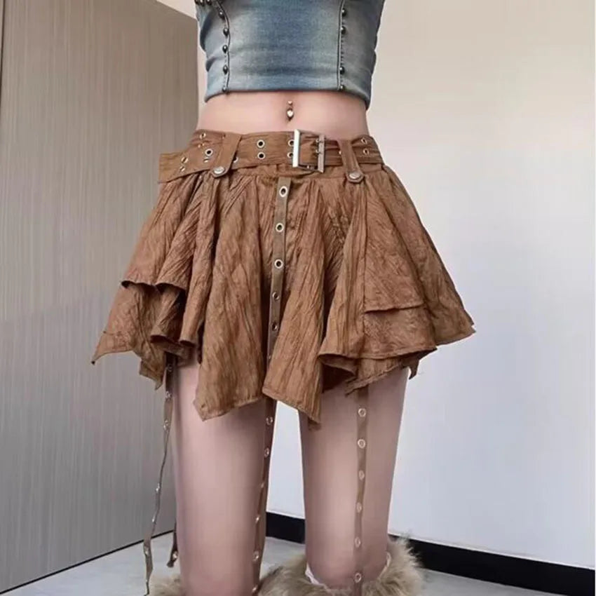 Y2K Grunge Asymmetrical Mini Skirt: Layered & Belted E-Girl Style