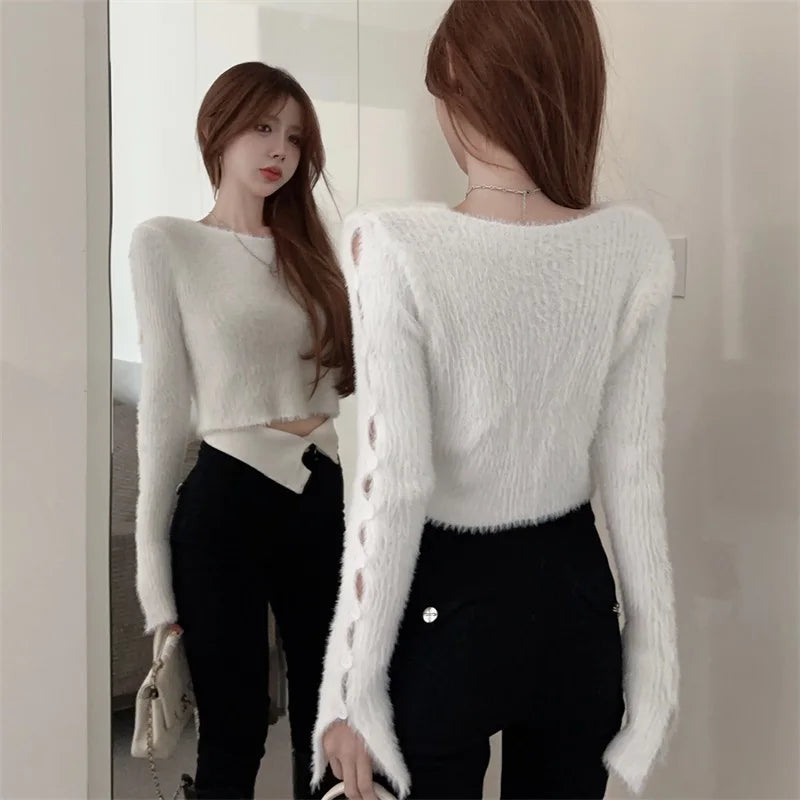 Sexy ort Knitted Sweater Women's Spring Autumn Soft Cozy Design Hole Knitwear Pure Desire Versatile Base Layer ort Top
