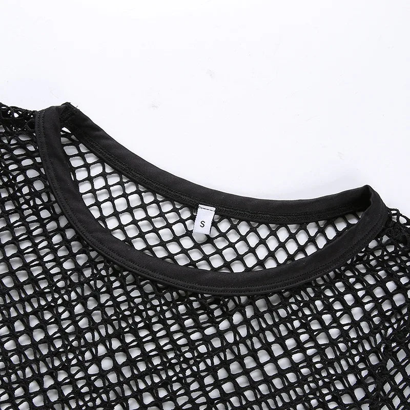 Women's Top with Mesh Mesh, Hollowed Out Straps, Exposed Navel, Round Neck, Long Sleeved Transparent Summer Sexy T-shirt