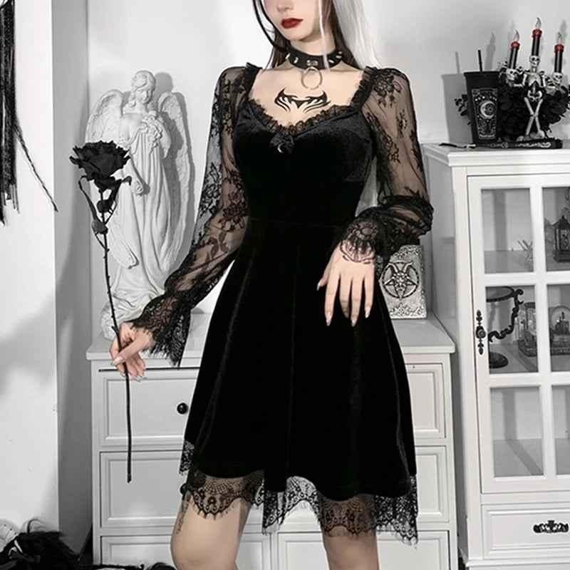 Dark Gothic Lace Mini Dress - Flare Sleeve V-Neck