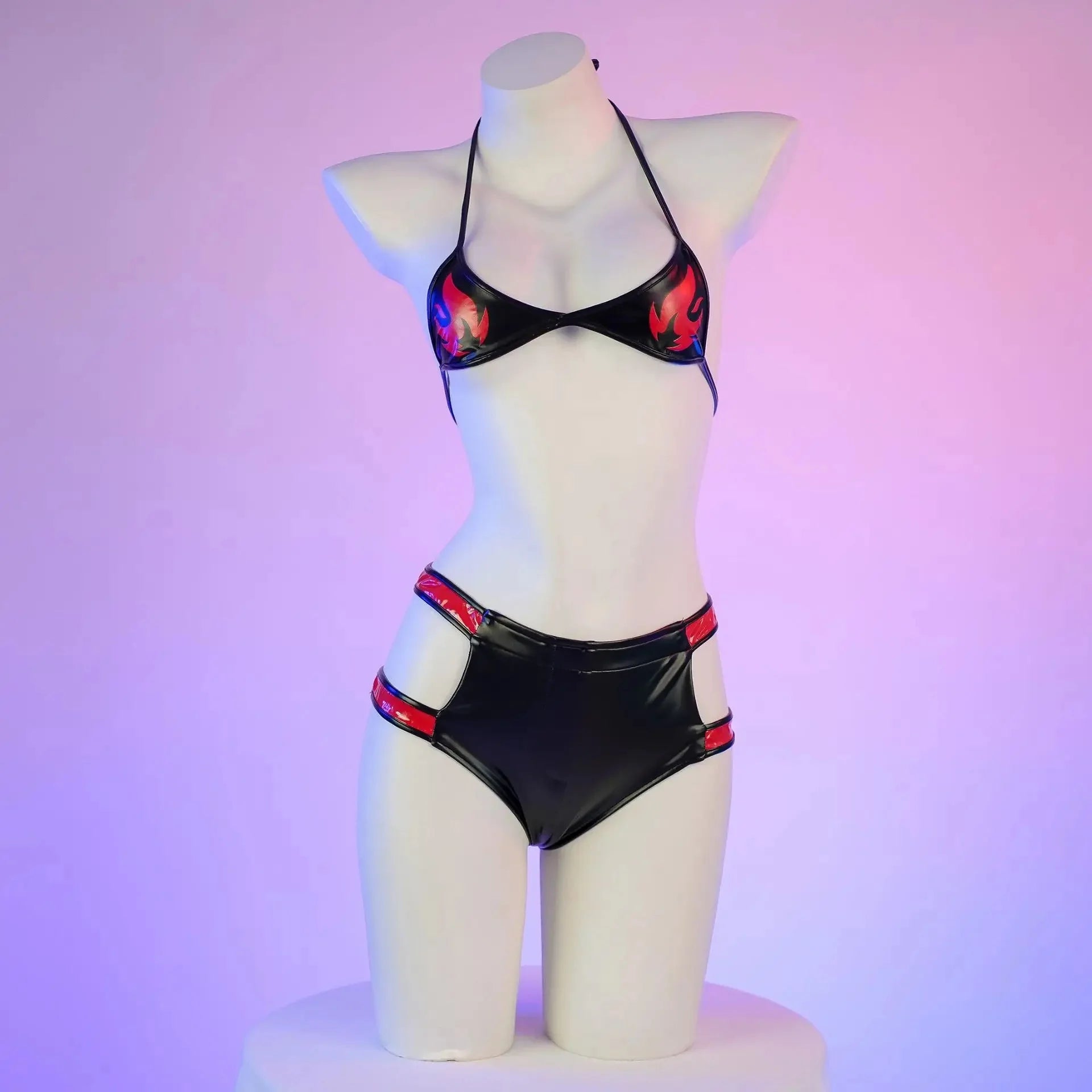 Daring PU Leather Bondage Bikini Set - Exotic Print Lingerie