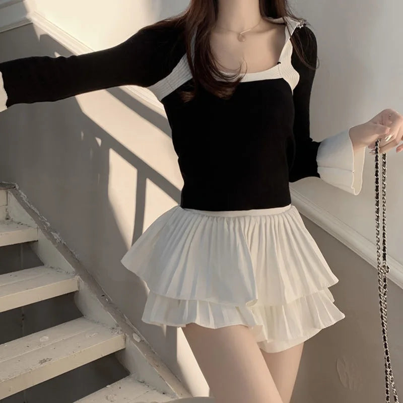 Preppy Y2K Ruffled Mini Skirt Pants | High Waist, Fluffy Style