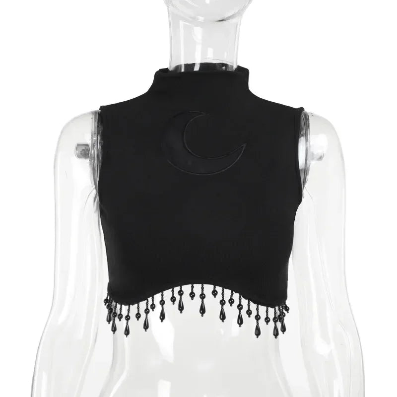 Goth Dark Cyber Y2K Skinny Turtleneck Tank Top Sexy Moon Chain Tassel Sleeveless Crop Tops Gothic Women Punk Streetwear Alt Vest
