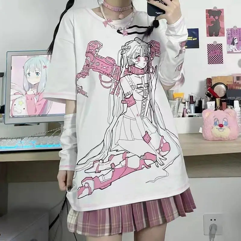 Japanese Two-dimensional Space Cartoon Print Tshirts Women O-neck Short Sleeve Kawaii Loose Top Aesthetic Grunge Y2k Fairy Tee