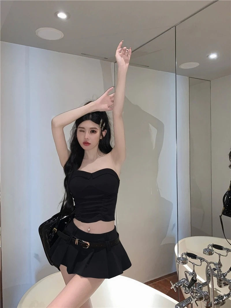 Women's Low Rise Pleated Mini Skirt Sexy A-Line Short Skirt with Belt and Built-In Shorts for Summer